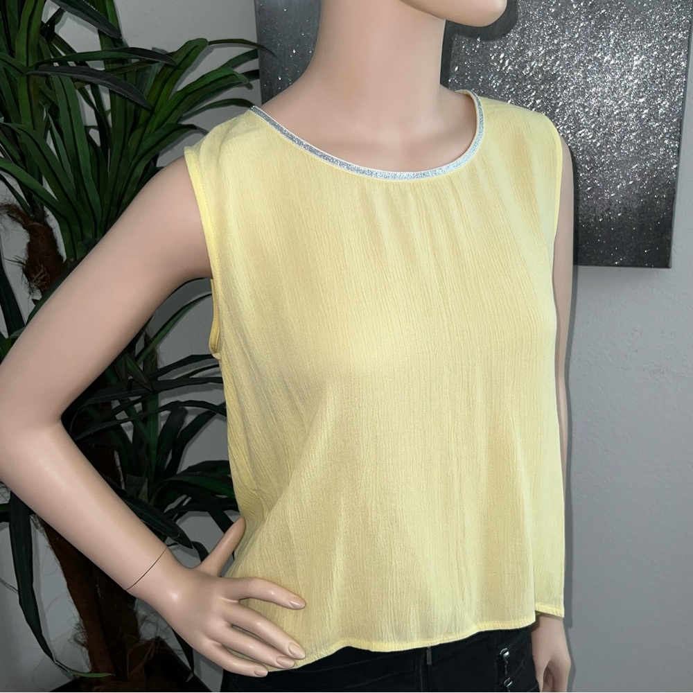 Molly Bracken Yellow Sleeveless High Low Top with Metallic Silver Detail